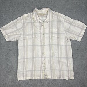 Tommy Bahama Linen  Shirt Mens L White 100% Vented Plaid Short Sleeve Hawaiian